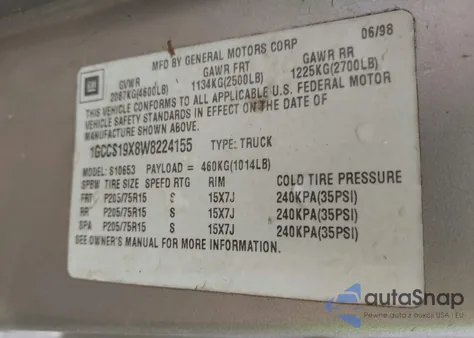 1998 Chevrolet S-10 Ls Fleetside from USA, damaged, VIN 1GCCS19X8W8224155